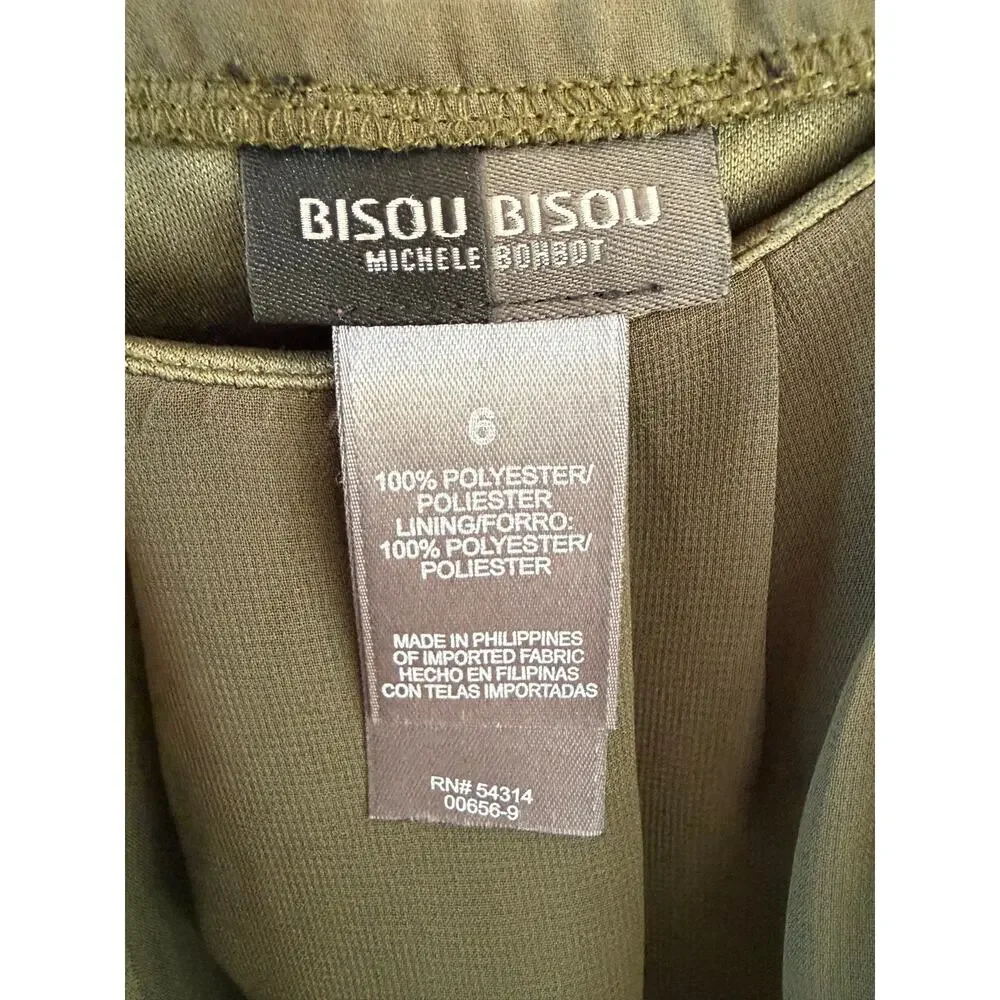 Bisou Bisou Olive Green Pleated Chiffon Dress Spaghetti Strap Size 6 - Picture 4 of 5
